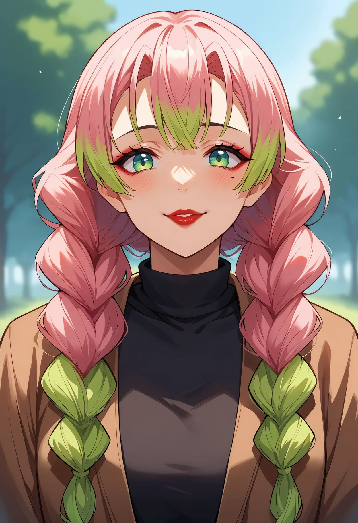 <lora:kanroji_mitsuri_pdxl_goofy:1>score_9,score_8_up,core_7_up, score_9, kanroji-mitsuri,multicolored hair, 1girl, solo, long hair, upper body,red lips,lipstick,makeup,mole under eye,twin braids, simple background, looking at viewer, breasts, closed mouth,  parted lips, braid, bangs, smile, blush,brown jacket,black shirt, black turtleneck, turtleneck, outdoors, blurry background, depth of field,