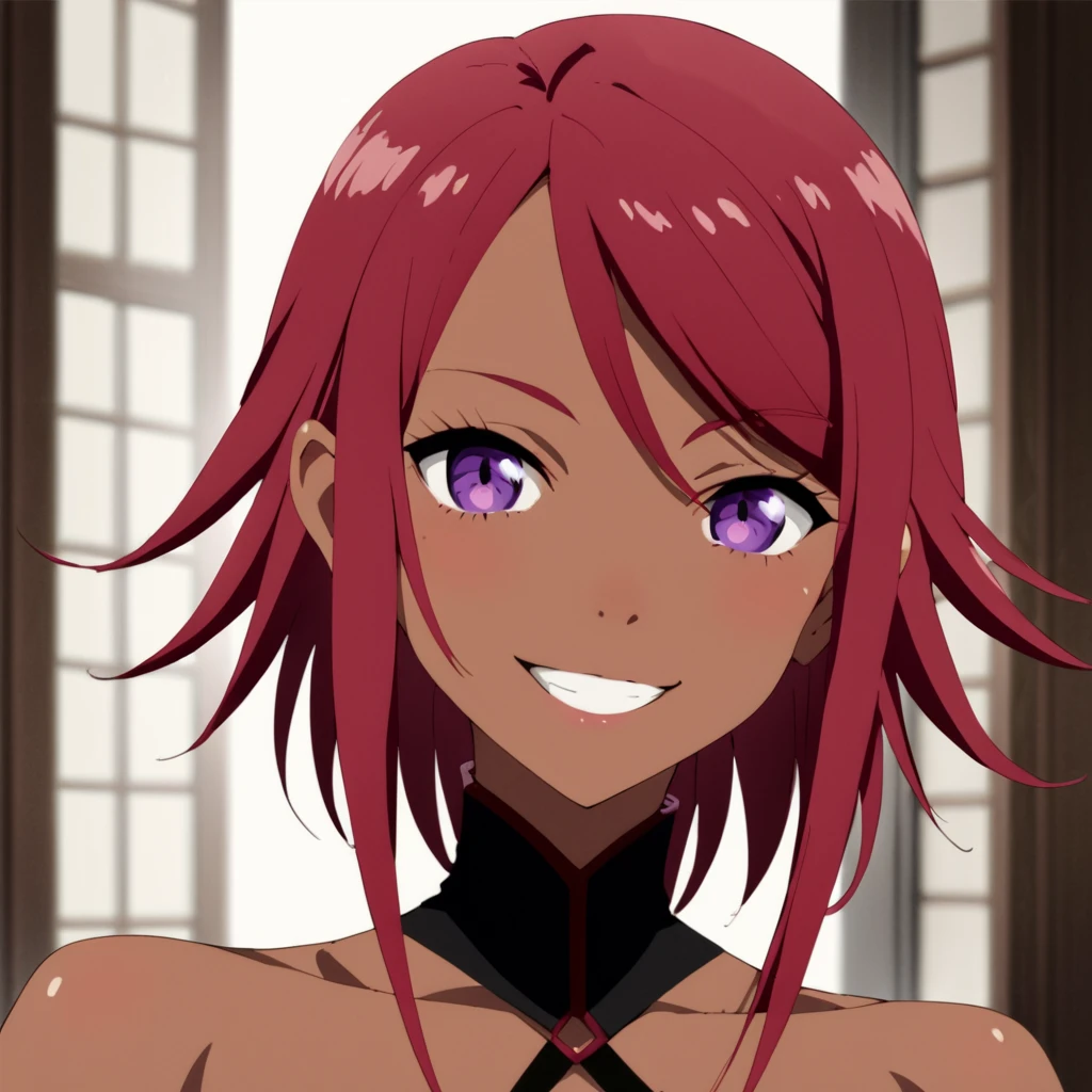 score_9, score_8_up, score_7_up, score_6_up, score_5_up, score_4_up, source_anime,  Cattleya, purple eyes, red hair, dark-skinned female, , smile, portrait