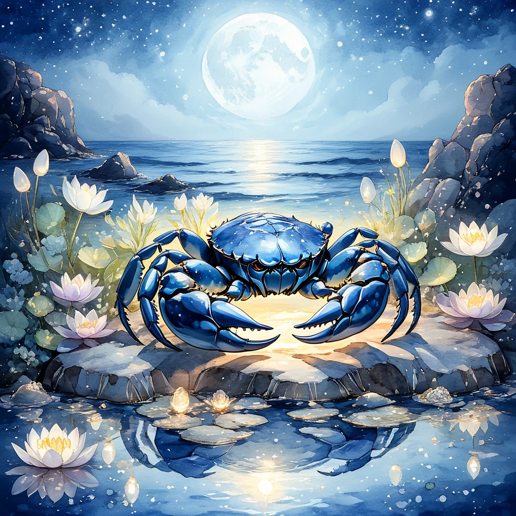 <lora:ArsMJStyle_-_SDXL:1>, ArsMJStyle, Cancer, The image shows a crab perched on a rocky shore, bathed in the soft glow of a crescent moon. The crab's shell is a deep blue, with intricate silver patterns resembling the night sky. Surrounding the crab are gently illuminated water lilies floating in a calm tide pool, their petals reflecting the moonlight. The background features a tranquil ocean with gentle waves lapping against the rocks. The overall color palette is serene, with cool shades of deep blue, silver, and soft white, creating a peaceful, mystical atmosphere., no humans, animal, crab, shell, water, moon, crescent moon, ocean, night, serene, glowing, water lilies, rocks, soft light, tranquility