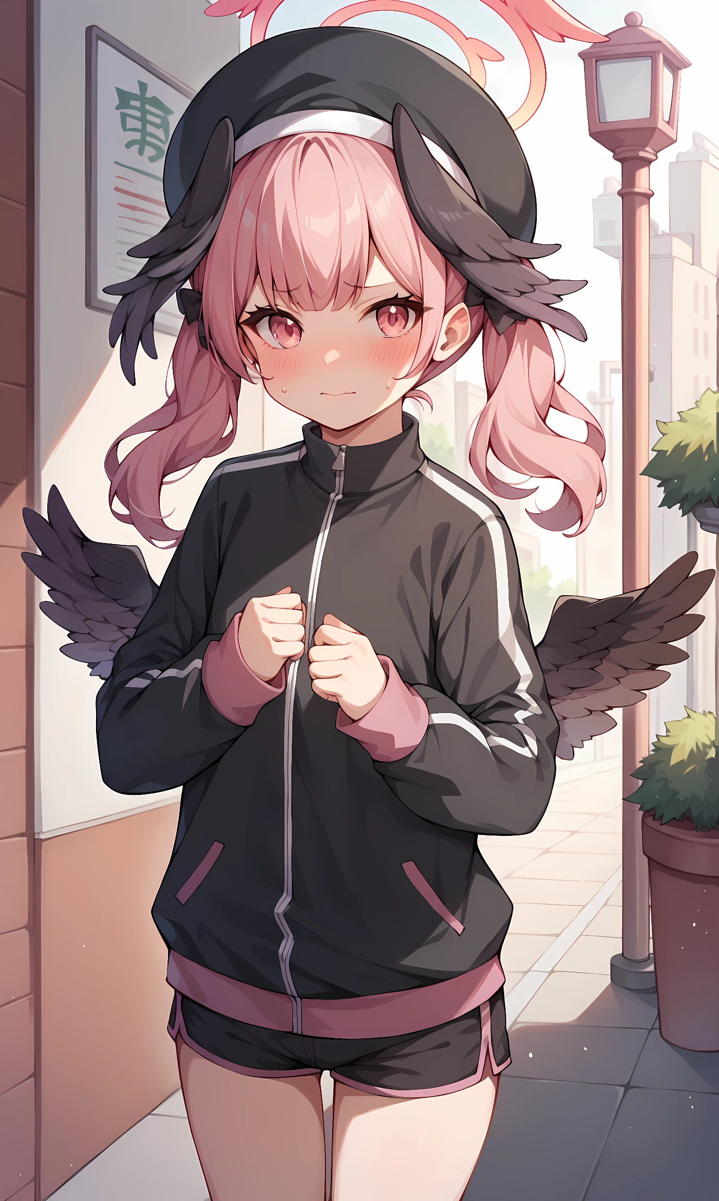 score_9, score_8_up, score_7_up, score_6_up, BREAK source_anime, 1girl, solo, outdoors, street, cowboy shot, standing, looking at viewer, koharu, pink eyes, pink hair, medium hair, low twintails, halo, mini wings, black wings, head wings, beret, track jacket, black  jacket, two-tone jacket, long sleeves, black shorts, short shorts, embarrassed, blush 