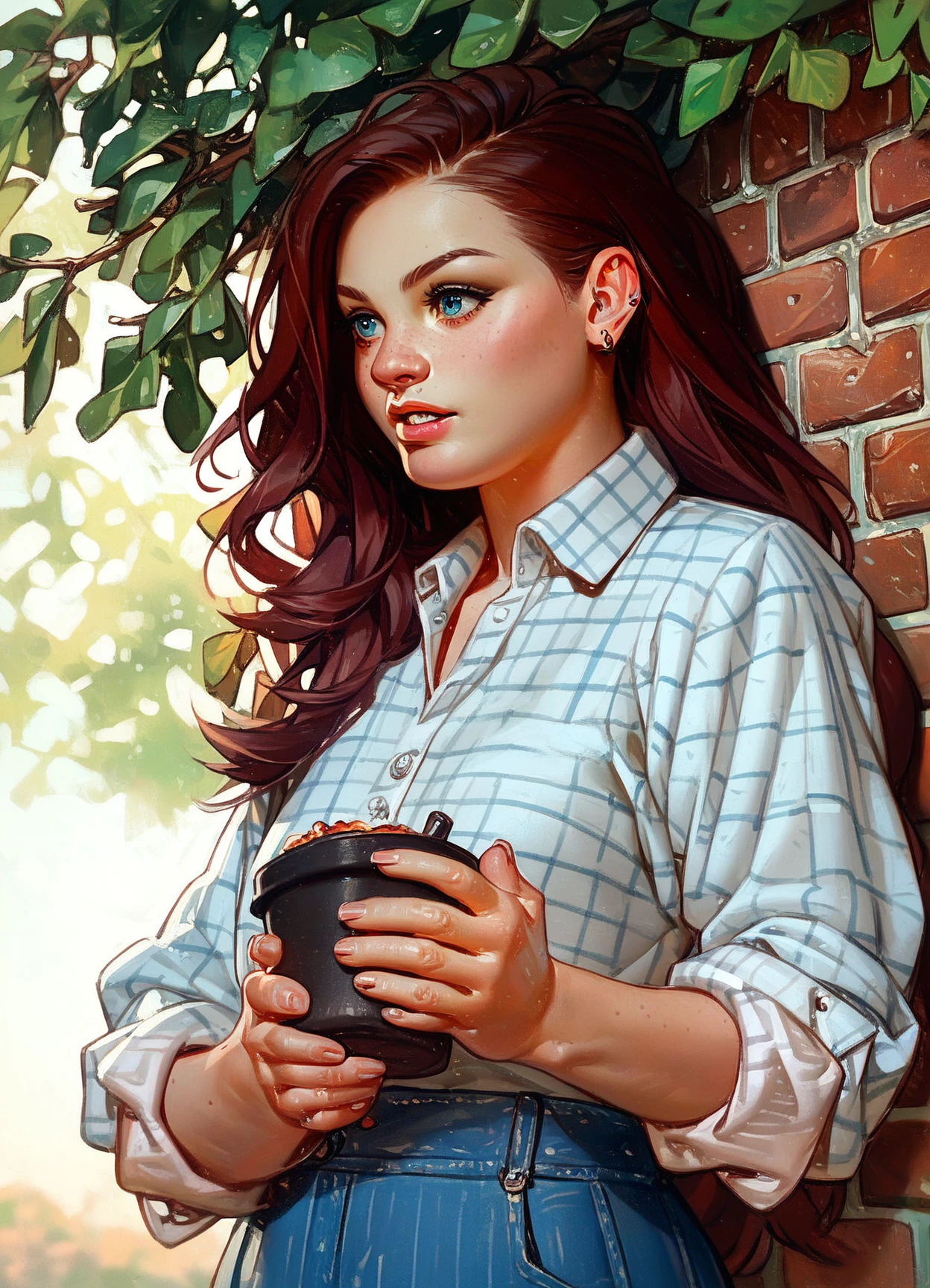 score_9, score_8_up, score_7_up, score_6_up, score_5_up, score_4_up, leyendecker, 1girl, solo, solo focus, outdoors, nose, sleeves rolled up, shirt, holding, close up, long hair