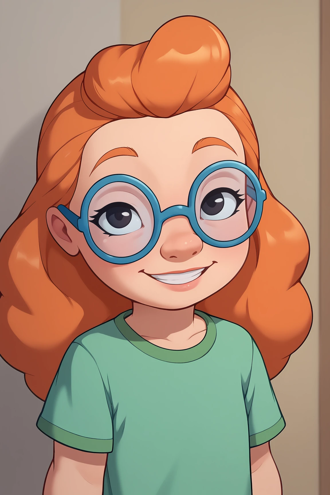 score_9, score_8_up, score_7_up, score_6_up, BREAK, MertleEdmondsLSXL, child, black eyes, orange hair, long hair, blue glasses, flat chest, green shirt, short sleeves, solo, front view, (portrait, upper body), solo focus, seductive smile, looking at viewer, indoors <lora:MertleEdmondsLSXL:0.9>