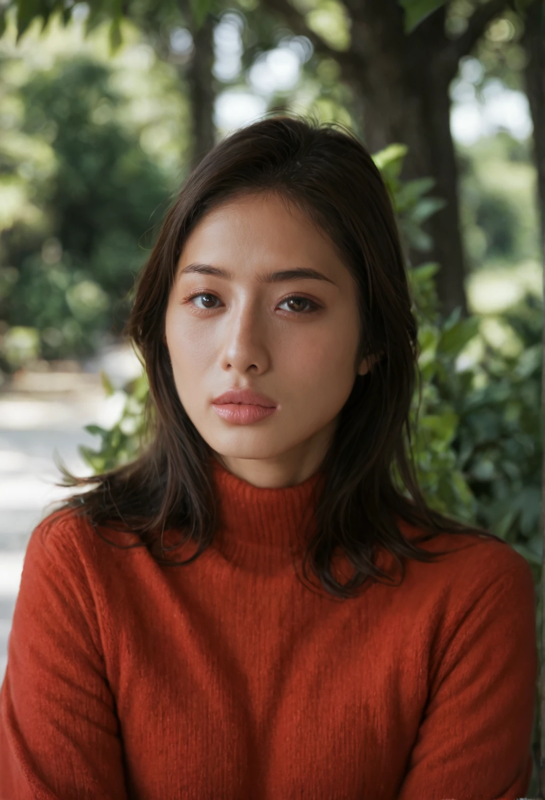 score_9, score_8_up, score_7_up , Satomi_Ishihara, 1girl, brown eyes, solo, looking at viewer, black hair,lips, realistic, red sweater, outdoor