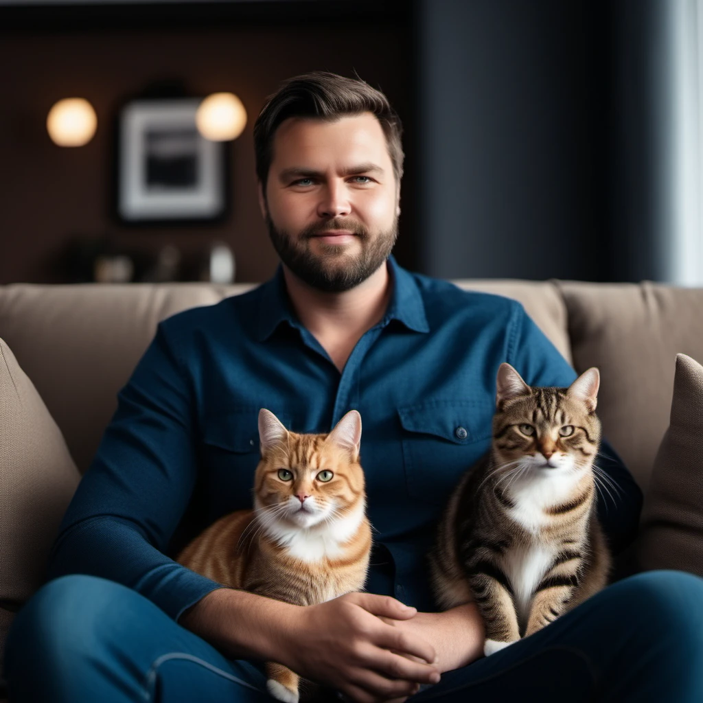 cinematic photo a man, facial hair, sits on a couch with cats <lora:Vance1024_r1:0.8> . 35mm photograph, film, bokeh, professional, 4k, highly detailed