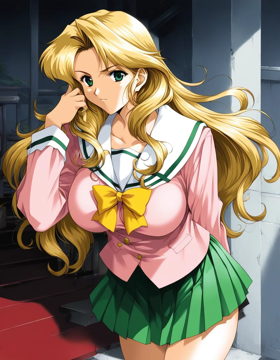 score_9, score_8_up, score_7_up, source_anime, rating_explicit, BREAK  <lora:Maejima_Kaori_XL:1> MaejimaKaori, long hair, green eyes, blonde hair, large breasts, ãfurrowed brow ,
1girl, solo, school uniform, long hair,  skirt,  pleated skirt, serafuku, blonde hair, bow, long sleeves, arm behind back, green skirt, yellow bow, looking at viewer, adjusting hair, pink shirt