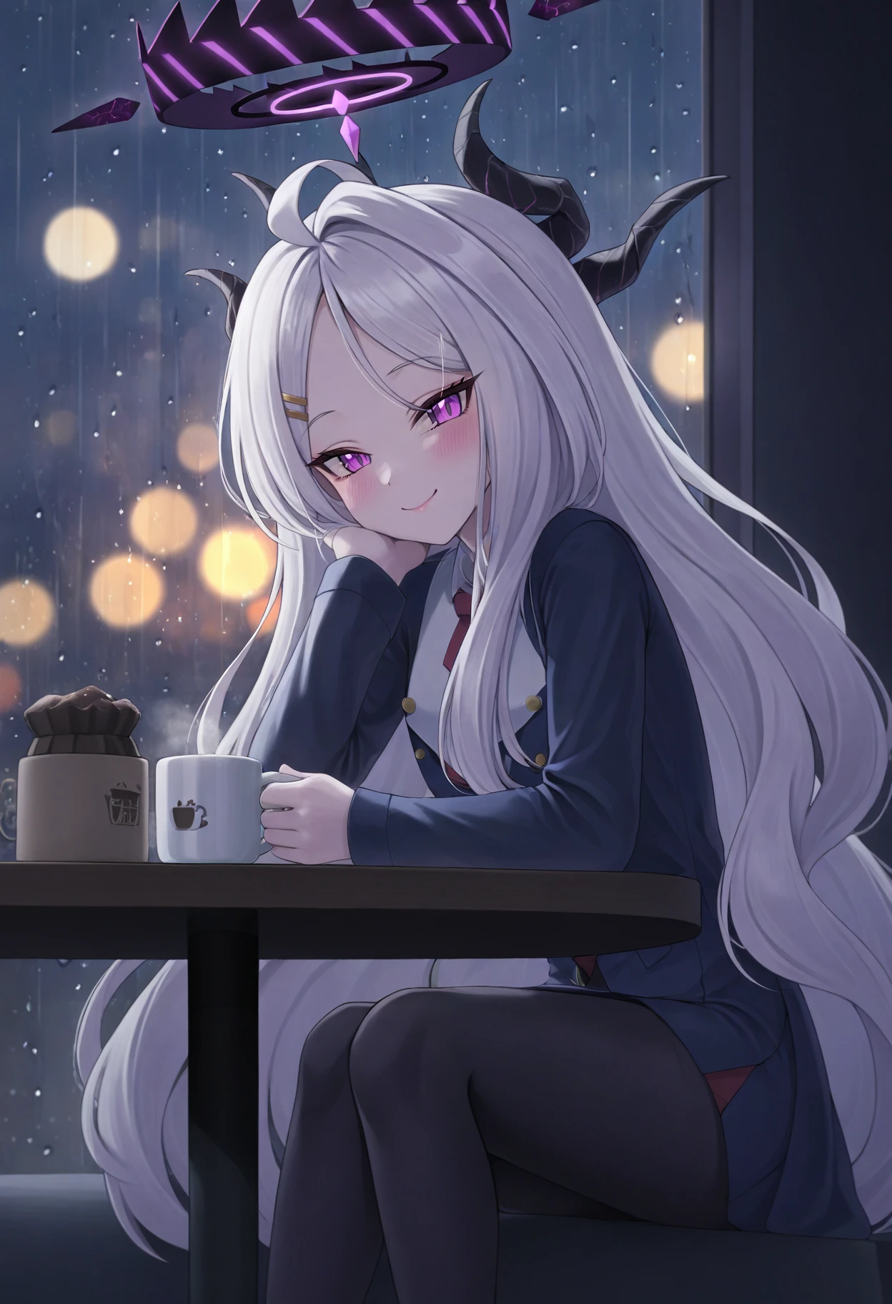 1girl, hina \(blue archive\), holding cup, coffee mug, smile, head rest, black pantyhose, night, bokeh, dark, rain, indoors, amazing quality, <lora:Rain:0.7>