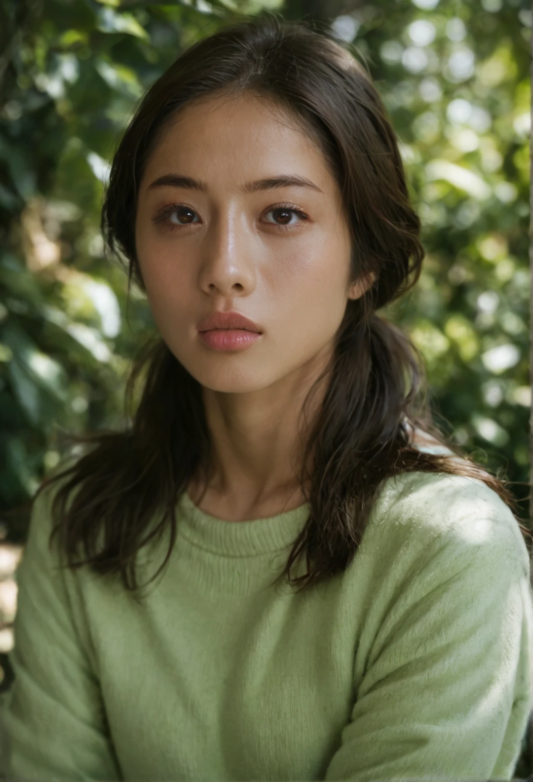 score_9, score_8_up, score_7_up , Satomi_Ishihara, 1girl, brown eyes, solo, looking at viewer, black hair,lips, realistic, green sweater, outdoor