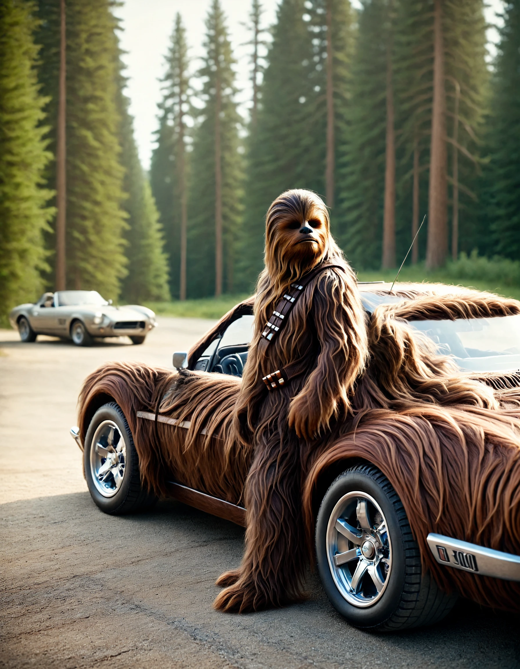 cinematic film still 70mm, movie still frame, Chewbacca leaning against a sports car made of w00kiee, fine details, low angle, raw photo . shallow depth of field, vignette, highly detailed, high budget, bokeh, cinemascope, moody, epic, gorgeous, film grain, grainy