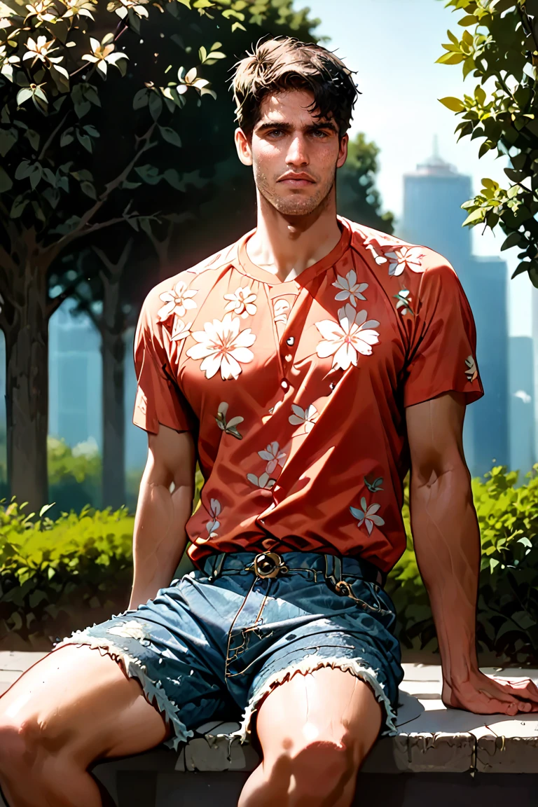 score_9, score_8, score_7,,1boy, sitting at central park, floral shirt, denim shorts,Carlos_alcaraz, solo male<lora:EMS-445663-EMS:1.000000>