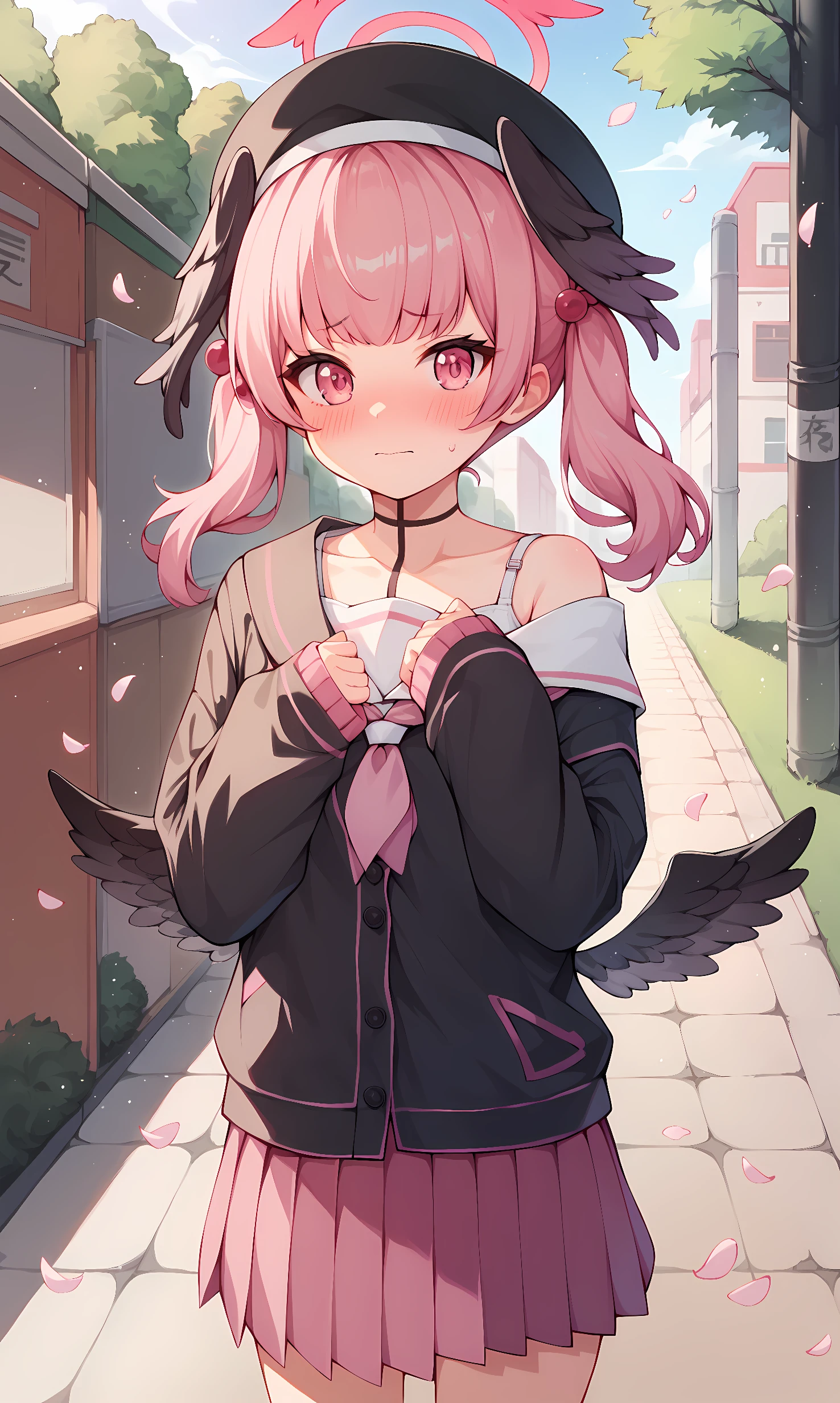 score_9, score_8_up, score_7_up, score_6_up, BREAK source_anime, 1girl, solo, outdoors, street, cherry blossoms, cowboy shot, standing, looking at viewer, koharu, pink eyes, pink hair, medium hair, low twintails, halo, mini wings, black wings, head wings, beret, black cardigan, school uniform, long sleeves, single off shoulder, sleeves pasts wrists, white serafuku, pink neckerchief, white bra strap, pink skirt, miniskirt, pleated skirt, loose socks, black shoes, embarrassed, blush 