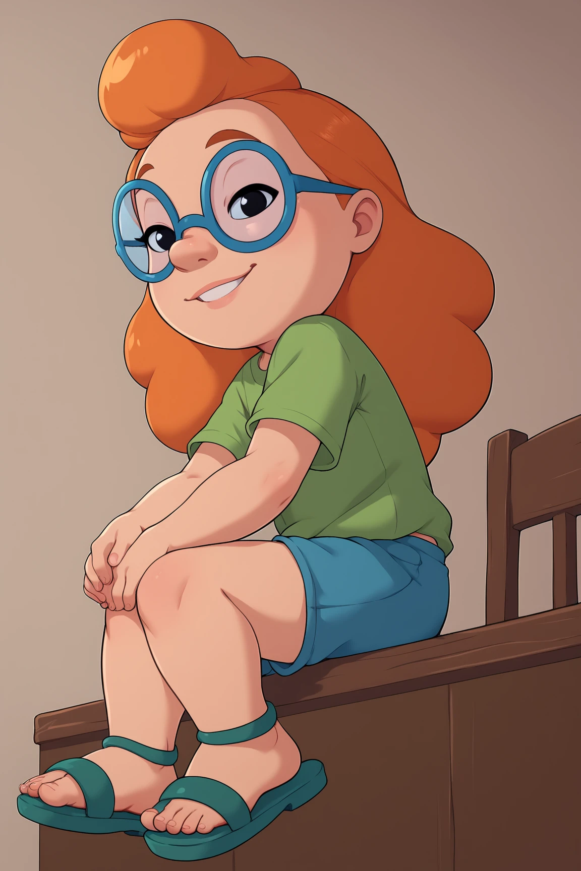 score_9, score_8_up, score_7_up, score_6_up, BREAK, MertleEdmondsLSXL, child, petite, black eyes, orange hair, long hair, blue glasses, flat chest, green shirt, short sleeves, blue shorts, green sandals, solo, sitting, bellow view, seductive smile, looking at viewer, indoors <lora:MertleEdmondsLSXL:1>