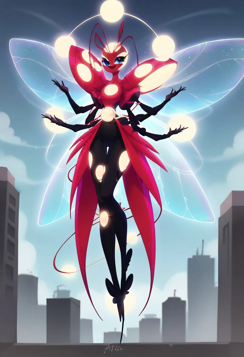 BREAK score_9, score_8_up, score_7_up, source_anime, 1girl, tikki_creation, anthro, humanoid ladybug, 4 arms, five fingers, 6 translucent white wings, light blue glow on the wings, long black legs, 4 antennae, 8 glowing white spheres, points of white light on the body, (city ​​in the background),