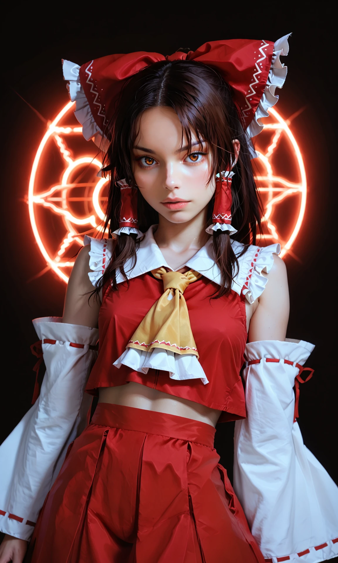 score_9, score_8_up, score_8, score_9, 1 girl, source_anime, 1 girl, hakurei reimu, brown hair, brown eyes, hair tubes, ascot, detached sleeves, ribbon trim, red skirt, red shirt, red hair bow, <lora:reimu_hakurei_pony-10:0.8>, <lora:incase_style_v3-1_ponyxl_ilff:0.8> <lora:g0th1cPXL:0.4> g0thicPXL, glowing, neon, yellow ascot, white sleeves, detailed background, small breasts