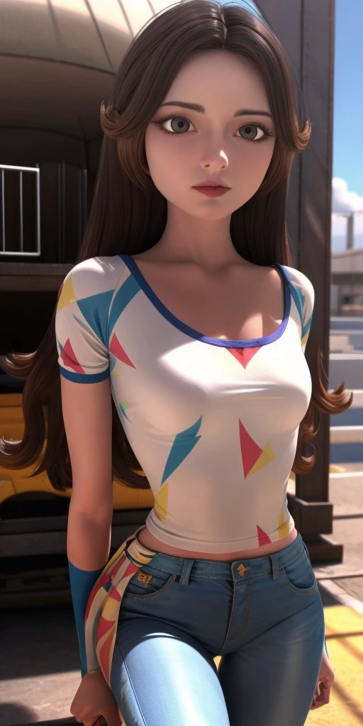 Hyperrealistic, photorealistic, super detailed, colored T-shirt, purple jeans, waist-length wavy brown hair that is split on both sides, brilliant amaranth lipstick, brown eyes, body like in real life, large pores, fair-skinned, beautiful arms, little breasts, unreal engine, octane render, droped shadow, bokeh, cinematic lighting, <lora:add_detail:0.5>, <lora:Volumetric_lighting:0.6>,, <lora:e4743ff2-7ed6-4728-b033-3bc83cb997a4:0.7>