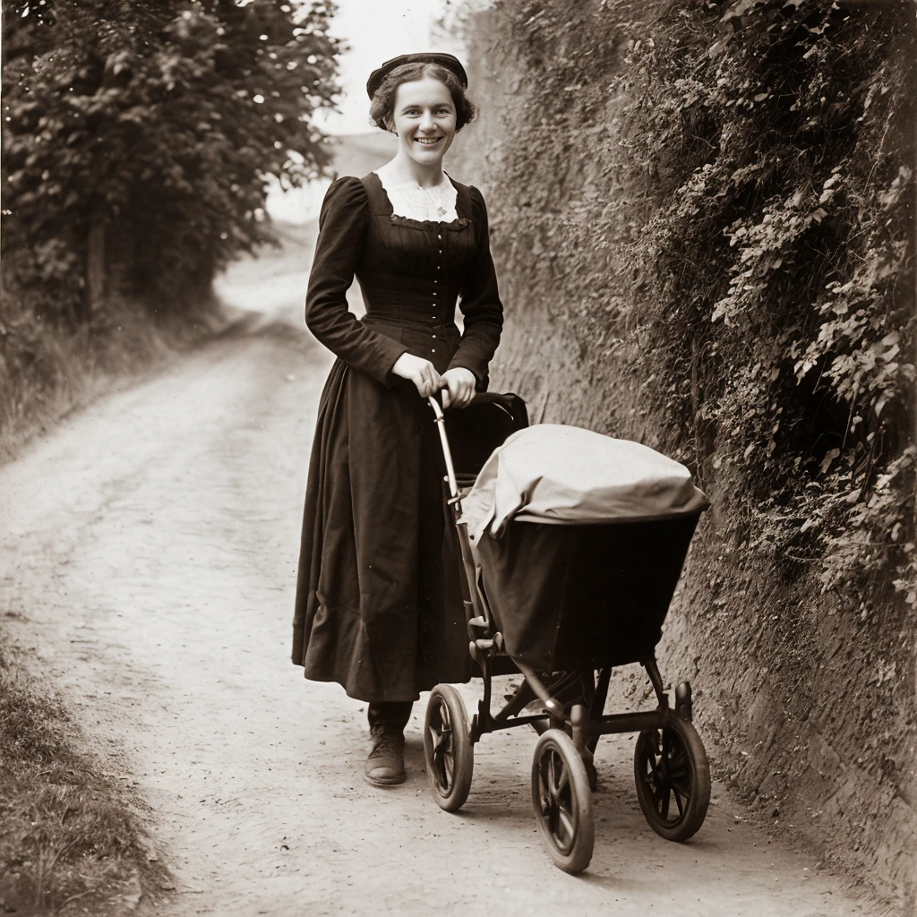 England, 1860, a young mother pushing a pram, dirt road<lora:VintageBW:1>, detailed face, smiling to the viewer, highest quality