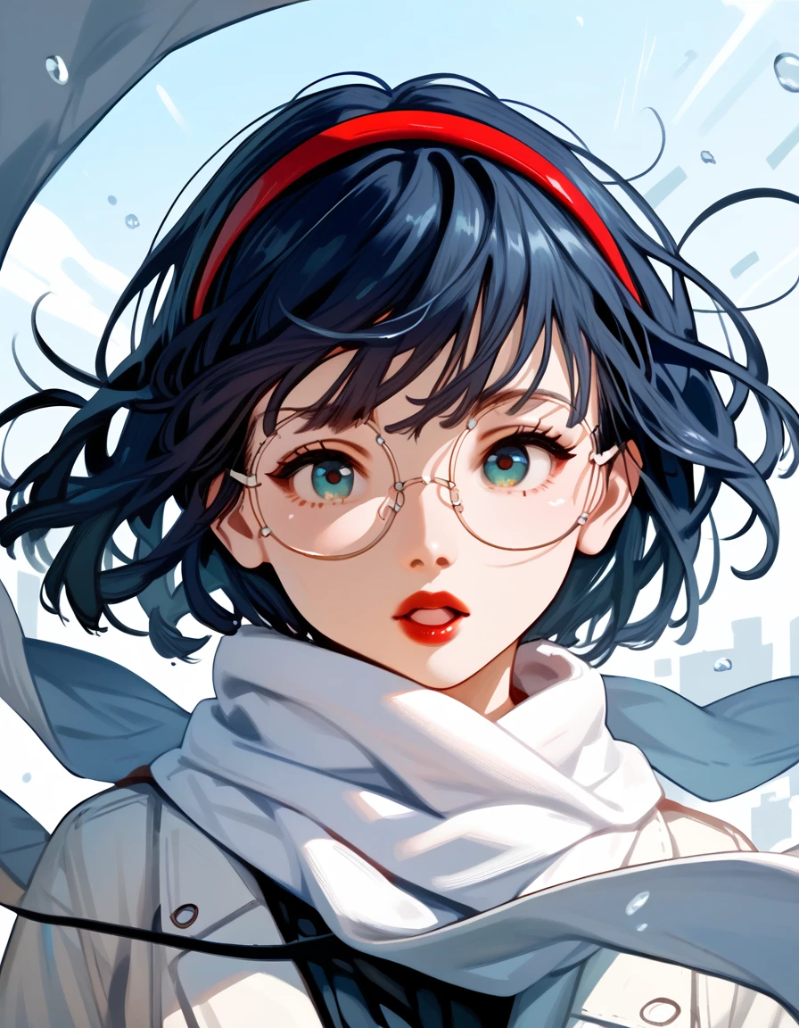 score_9, score_8_up, score_7_up,score_6_up,score_5_up,score_4_up,  1girl, bob cut, round eyewear, red hairband, dark blue hair, red lips, scarf, wind lift, futuristic, dutch angle, open mouth, facing away,