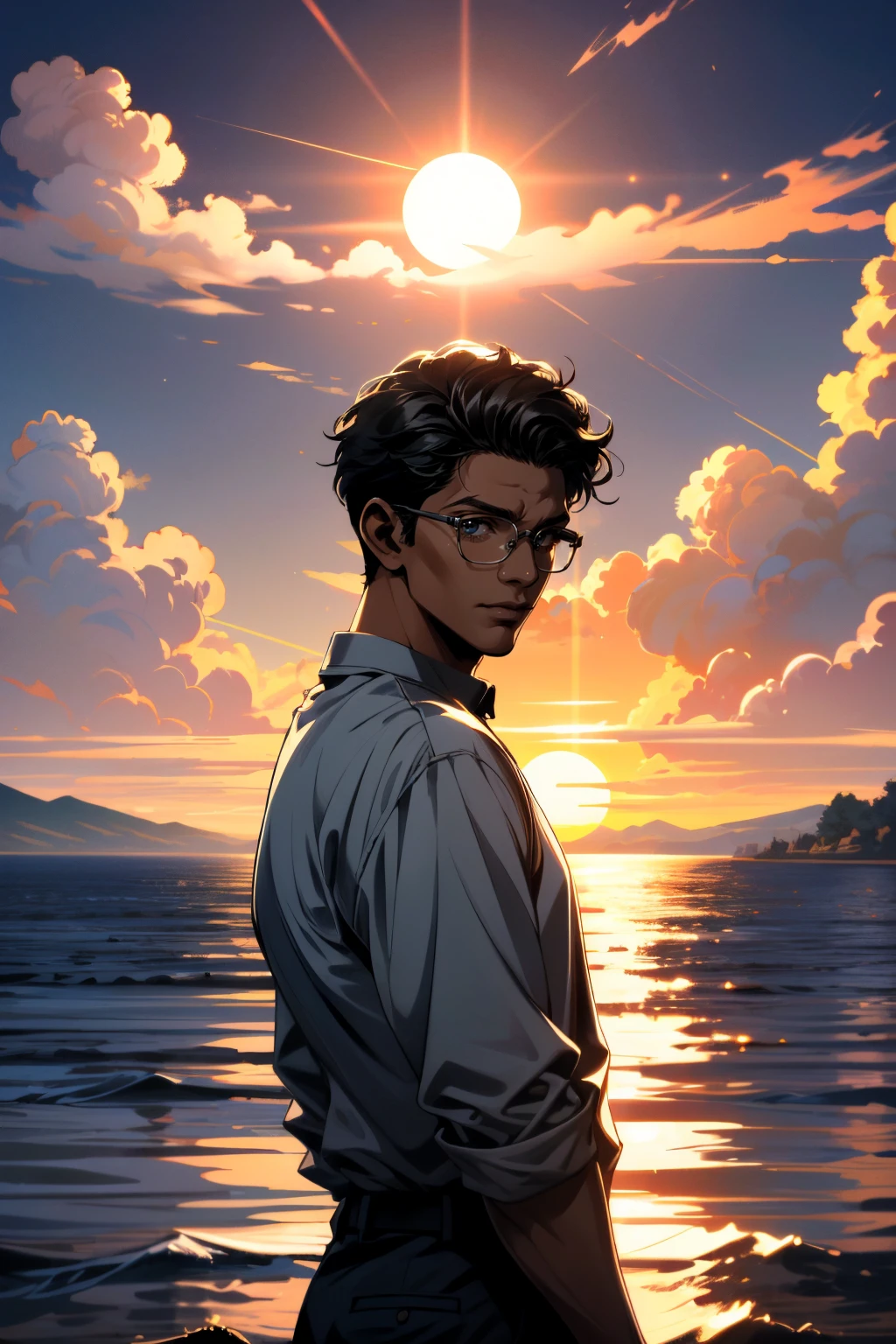 ((ultra detailed, masterpiece, absurdres))
<lora:MOMBrad:0.8>
MOMBrad, 1boy, dark skin, glasses, short hair, looking at viewer, in front of dramatic sunset