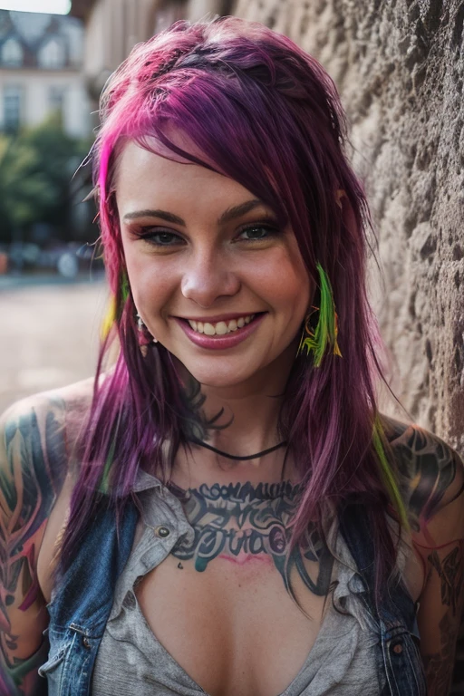 <lora:VandalVyxen:0.8>, full color portrait of a young woman, multicolored hair, tattoo, smile, natural light, RAW photo, subject, 8k uhd, dslr, soft lighting, high quality, film grain, Fujifilm XT3