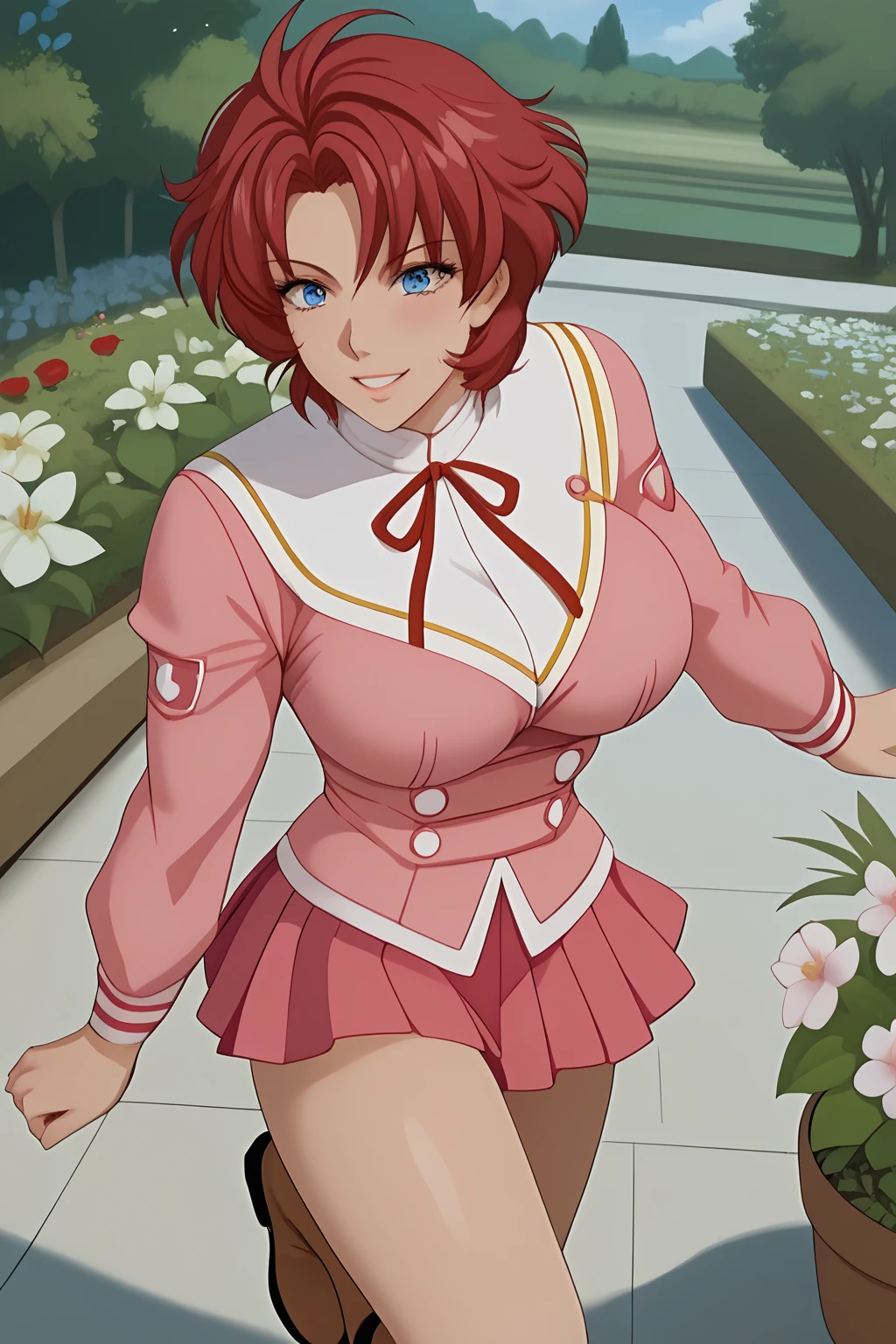 Myuu, Red Hair, Short Hair, Blue Eyes, Big Breasts, pink uniform, pink micro skirt, long sleeves, buttons, red ribbon, brown boots, (nsfw), (uncensored), (score_9), score_8_up, score_7_up, source_anime, cowboy shot, dynamic pose, Happy, Smile, Parted Lips, blush, ashamed, shy, sexy, charming, alluring, seductive, enchanting, erotic,
((outdoors)), ((flower garden)), ((flowers)), ((many flowers)), spring petals, petals of flowers, spring, falling petals, flying butterflies<lora:EMS-444478-EMS:1.000000>