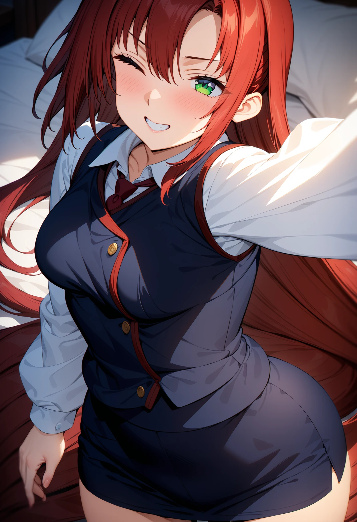 (masterpiece:1.2),best quality,very aesthetic,absurdres,1girl,girl,<lora:elenoa_ran_v3_1:1>,elenoa_ran,red hair,very long hair,green eyes,<lora:Fixhands_anime_bdsqlsz_V1:1>,
office,one eye closed,grin,light_blush,looking_at_viewer,cinematic_angle,front view,smile,standing,legs_together,ass visible through thighs,, masterpiece,best quality, very aesthetic, absurdres, ultra detailed, high resolution, 4k, extremely detailed CG,, skirt,necktie,vest,shirt,pencil skirt,red necktie,long sleeves,white shirt, black vest,collared shirt,miniskirt,side slit,