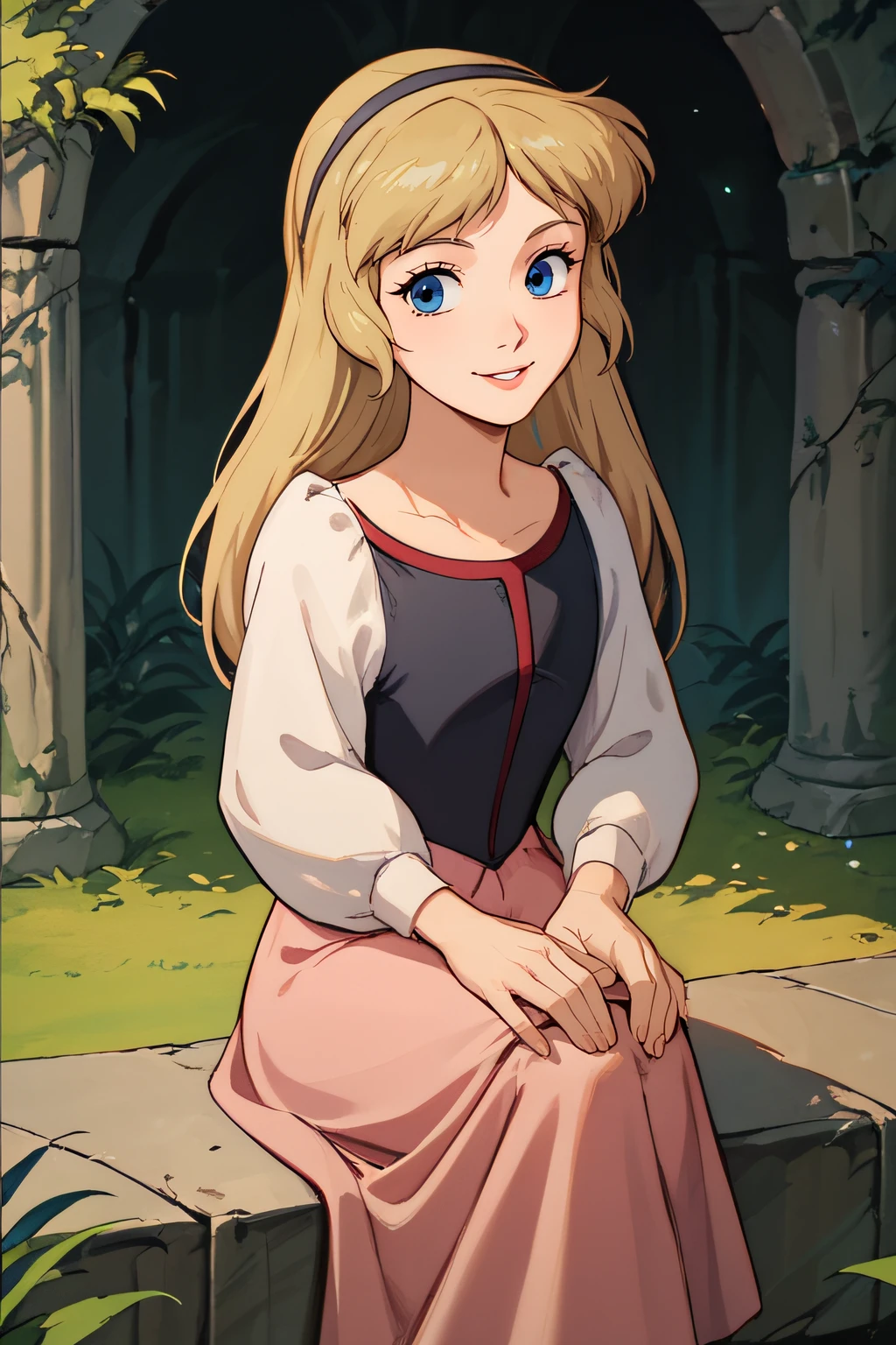 score_9, score_8_up, score_7_up, rating_safe, intricate details, 1girl, solo, retro artstyle, <lora:Princess_Eilonwy:1>, eilonwy, blue eyes, hairband, long sleeves, dress, pink skirt, looking at viewer, cowboy shot, smile, parted lips, crossed legs, five fingers, sitting, hands on knees