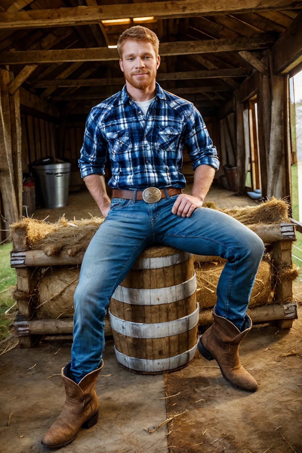 inside a ramshackle timber barn, sitting on a bale of hay, CalhounSawyer, ginger hair, facial scruff, slight smile, sexycowboy, (plaid shirt), denim blue jeans, belt, cowboy boots, (((full body portrait))), wide angle,  <lora:Clothing - Sexy Cowboy:0.45>  <lora:CalhounSawyer:0.8>