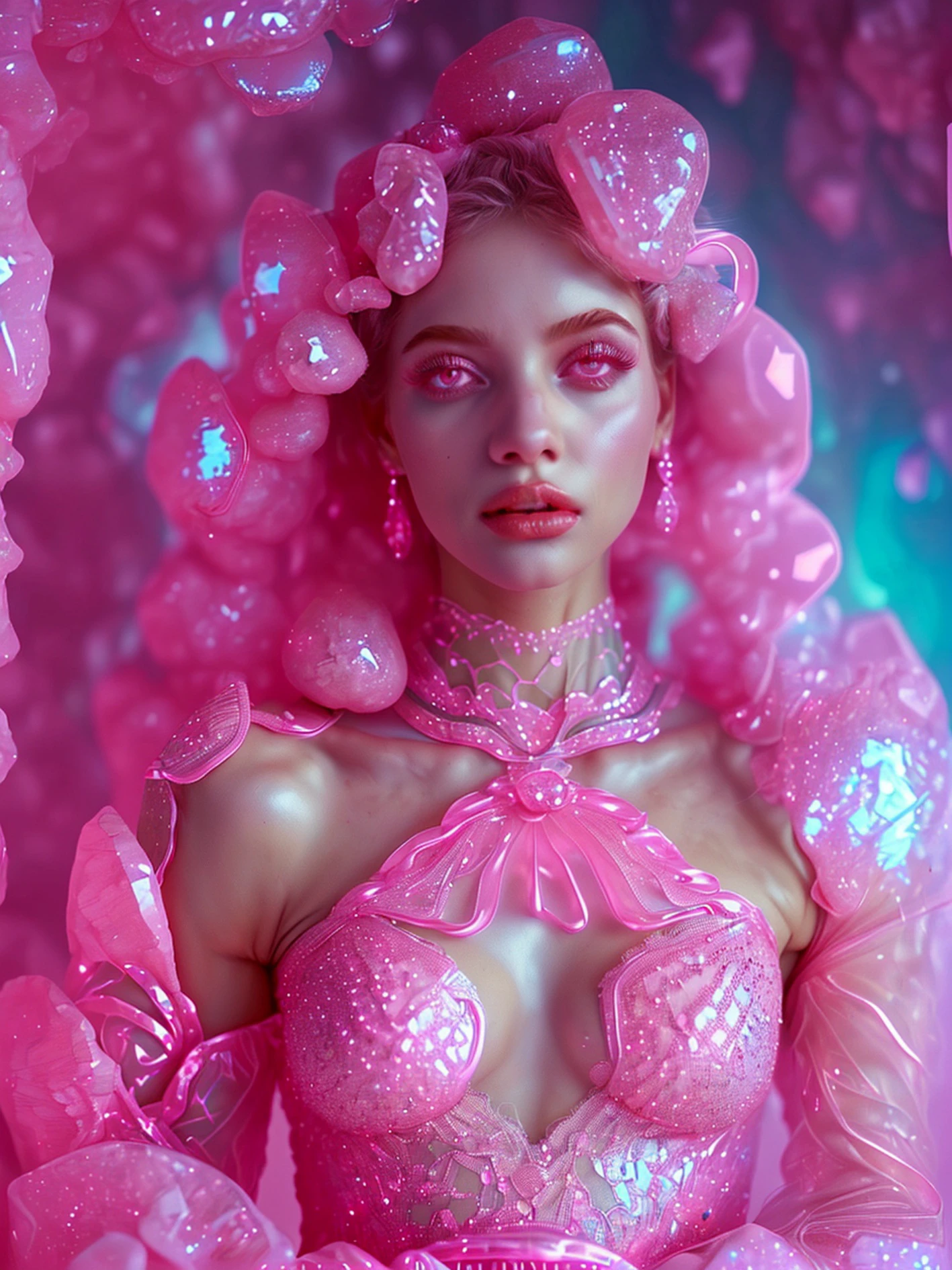woman in a pink shiny crystal and neon dress in pastel colors with transparent lace, against a background of pink crystals 8k realistic photo