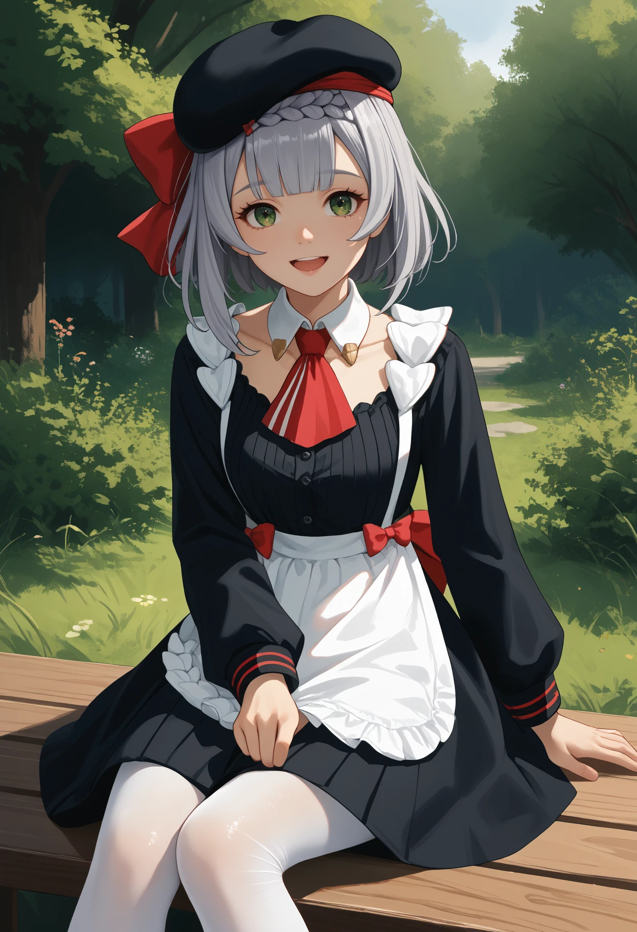 score_9, score_8_up, score_7_up, source_anime BREAK 1girl, solo, <lora:noelle-gi-richy-v1_pdxl:1> nlkf, green eyes, grey hair, short hair, braid, blunt bangs, black beret, red bow, hair bow, detached collar, red ascot, black dress, long sleeves, uniform, apron, white pantyhose, mary janes, sitting, smile, open mouth