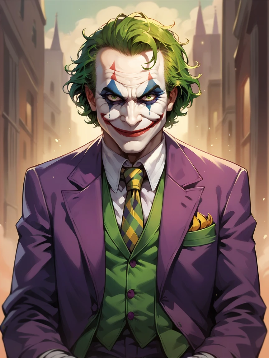 score_9, score_8_up, score_7_up, score_6_up, score_5_up,  <lora:thejokerXLP:0.8> the joker, 1boy, solo, green hair, suit, smile, formal, necktie, gloves, green eyes, clown