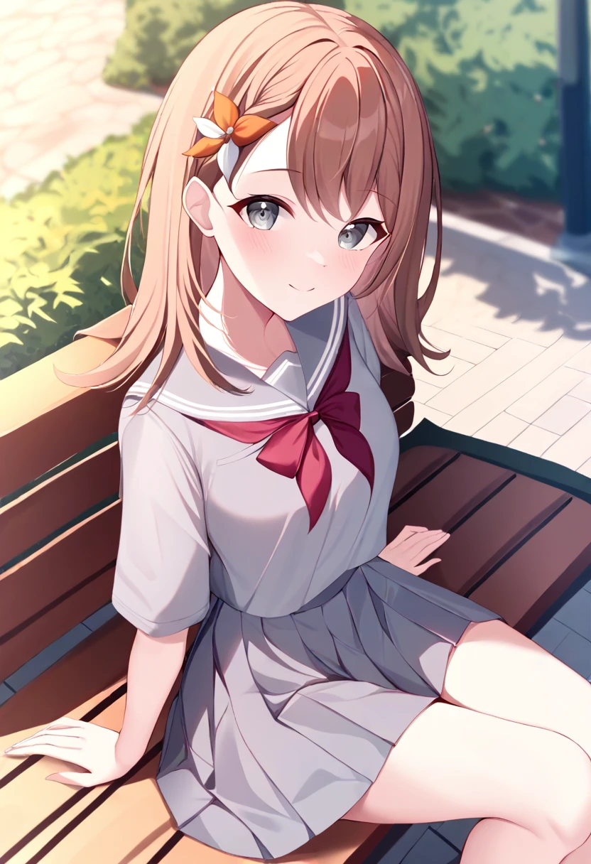 cute anime style, masterpiece, best quality, <lora:MinoriHanasato_v1.1:1> 1girl, minoridef, hanasato_minori, medium hair, grey eyes, school uniform, grey shirt, grey skirt, red neckerchief, looking at viewer, outdoors, sitting on bench