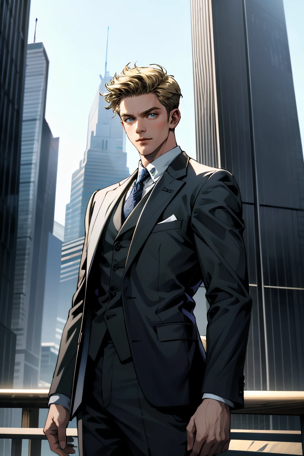 ((ultra detailed, masterpiece, absurdres))
 <lora:MOMConrad:0.8>
MOMConrad, 1boy, short hair, blonde hair, looking at viewer, posing in a tailored suit against a backdrop of skyscrapers