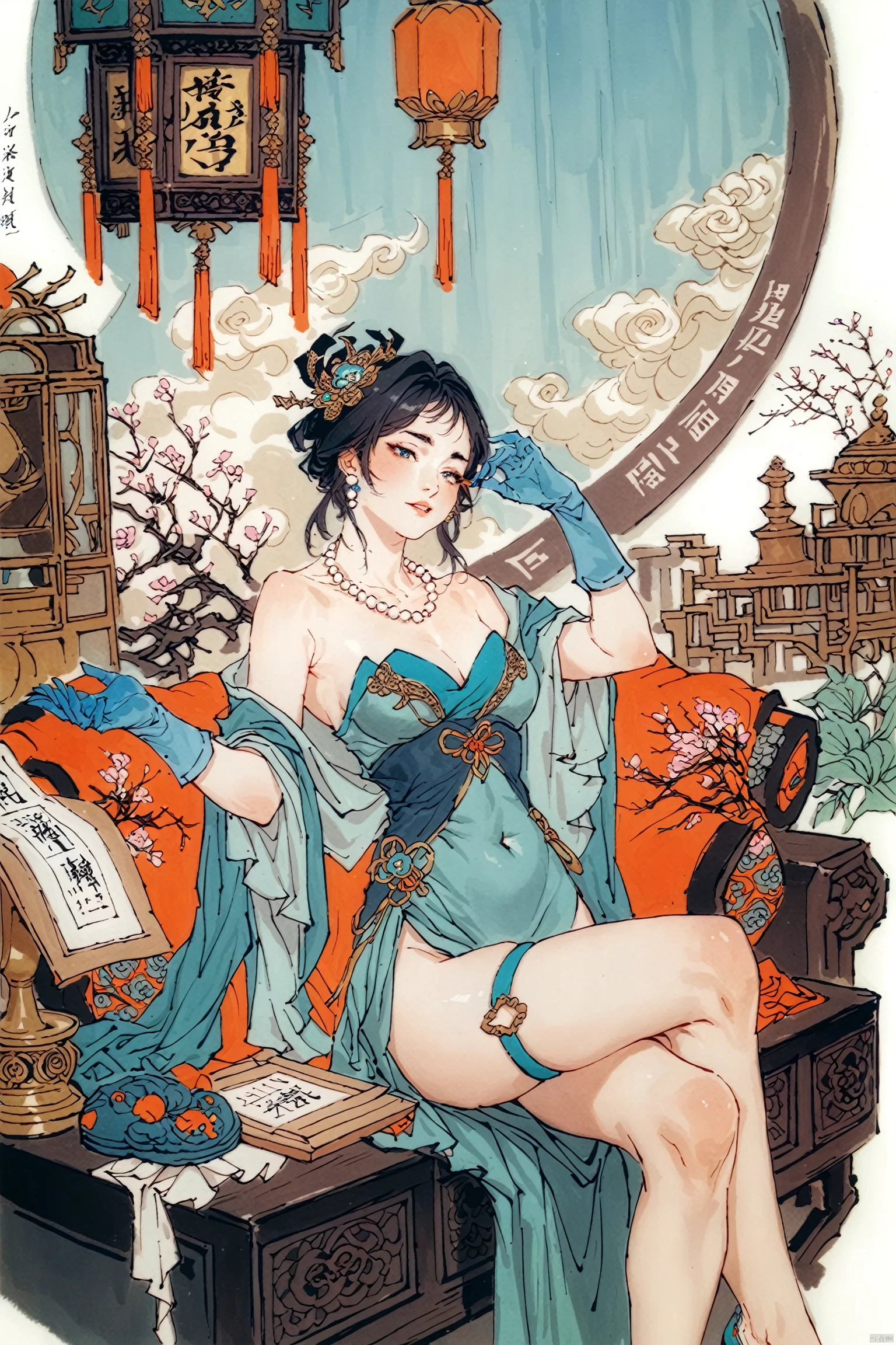 chinese traditional painting, sitting,,a girl named ruanmei,1girl,ruanmei,bare shoulders,chinese clothes,short sleeves,bead necklace,blue gloves,dress,aqua dress,pearl necklace,necklace,covered navel,thigh strap,, (score_9,score_8_up,score_7_up),(masterpiece,best quality,high quality:1.2),absurdres<lora:EMS-373227-EMS:0.500000>, <lora:EMS-424287-EMS:0.800000>