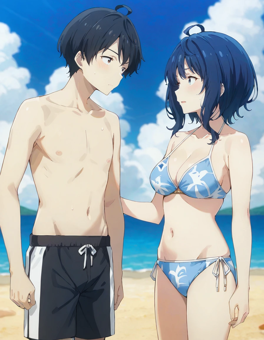 score_9, score_8_up, score_7_up, source_anime, 1girl, 1boy, beach, blue sky, BREAK
1boy, <lora:kazuhiko_nukumizu_anime_v2-soralz:0.8>, kazuhiko nukumizu, short hair, black hair, ahoge, brown eyes, topless, black male swimwear, swim trunks, looking at another,
1girl, <lora:anna_yanami_anime-soralz:0.8>, anna yanami, blue hair, medium hair, ahoge, blue eyes, swimsuit, collarbone, cleavage, blue bikini, print bikini, navel, side-tie bikini bottom, looking at another