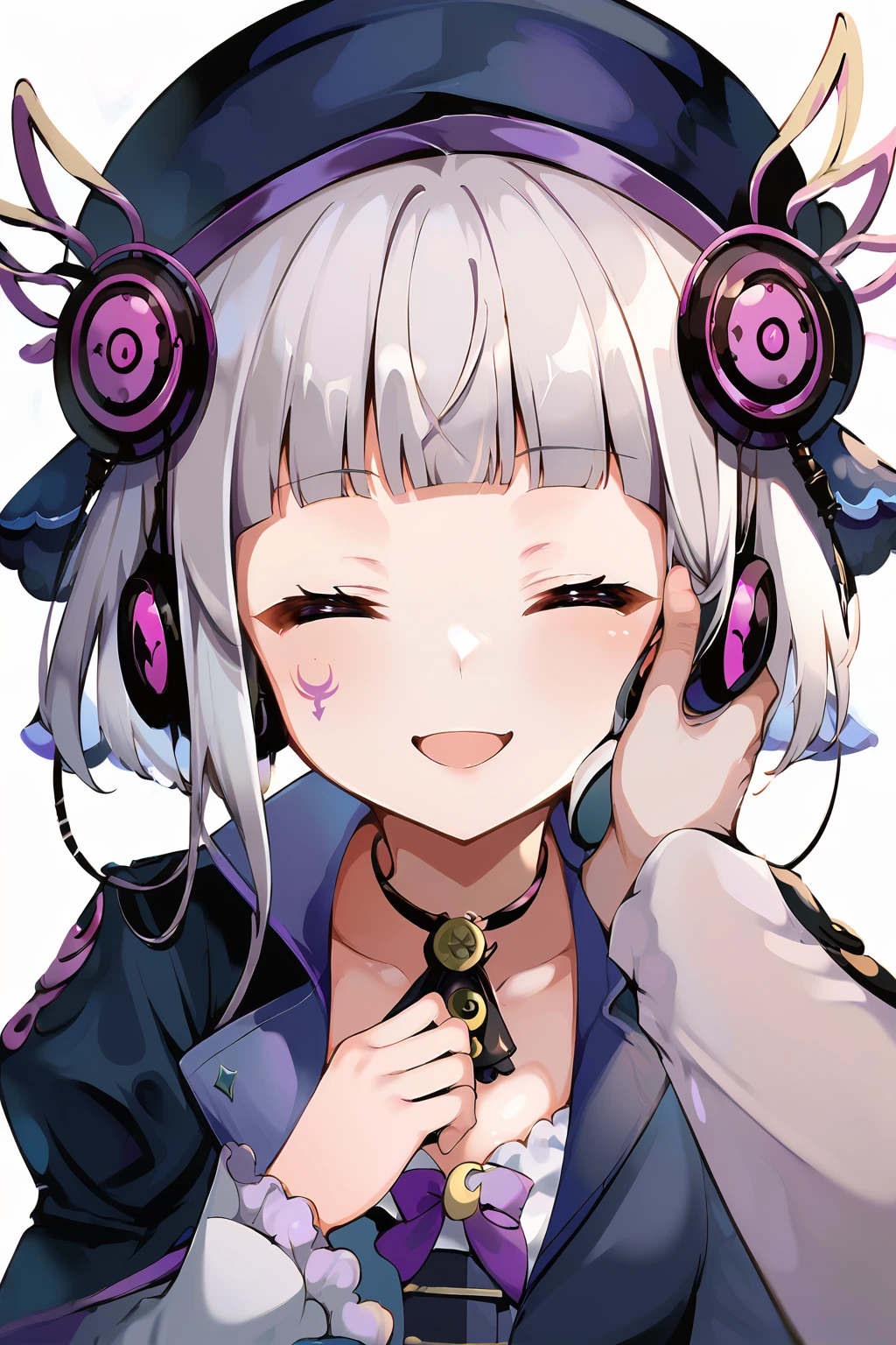 score_9, score_8_up,score_7_up,BREAK,source_anime, 
 <lora:luna2(arcaea):1>,luna(arcaea),silver hair, hat,headphones, miniskirt, 1girl, short hair, purple eyes, 
looking at viewer, pov,headpat, 1boy, smile, closed eyes,