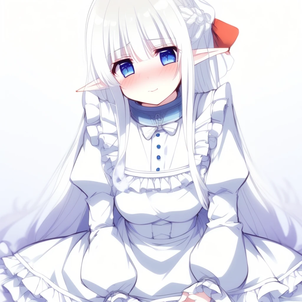 score_9, score_8_up, source_anime, 1girl, solo , nephelia, elf, blue eyes, pointy ears, white hair, very long hair, bangs, hair red bow, braid, medium breasts, chain, metal collar, frilled, indigo blue maid dress, long sleeves, puffy sleeves, long ivory apron, long dress, lace trim, brown long lace-up boots, smile :o, nighttime, night, Gaslight, moon light, sight light, perfect darkness, perfect shadow, head tilt, look up to, from above sitting, cinematic lighting, Blushing, Fairy Kingdom, Incandescent Light