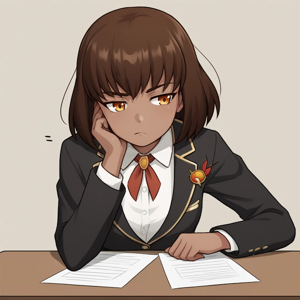 score_9, score_8_up, score_7_up, score_6_up, score_5_up, score_4_up, zPDXL2,source_anime,rating_questionable, 1girl, solo, school uniform, elbows on desk, black blazer, white shirt, bored,  <lora:Amber_-_RWBY:0.7> Amber_RWBY, 1girl, brown hair, short hair, dark skin,