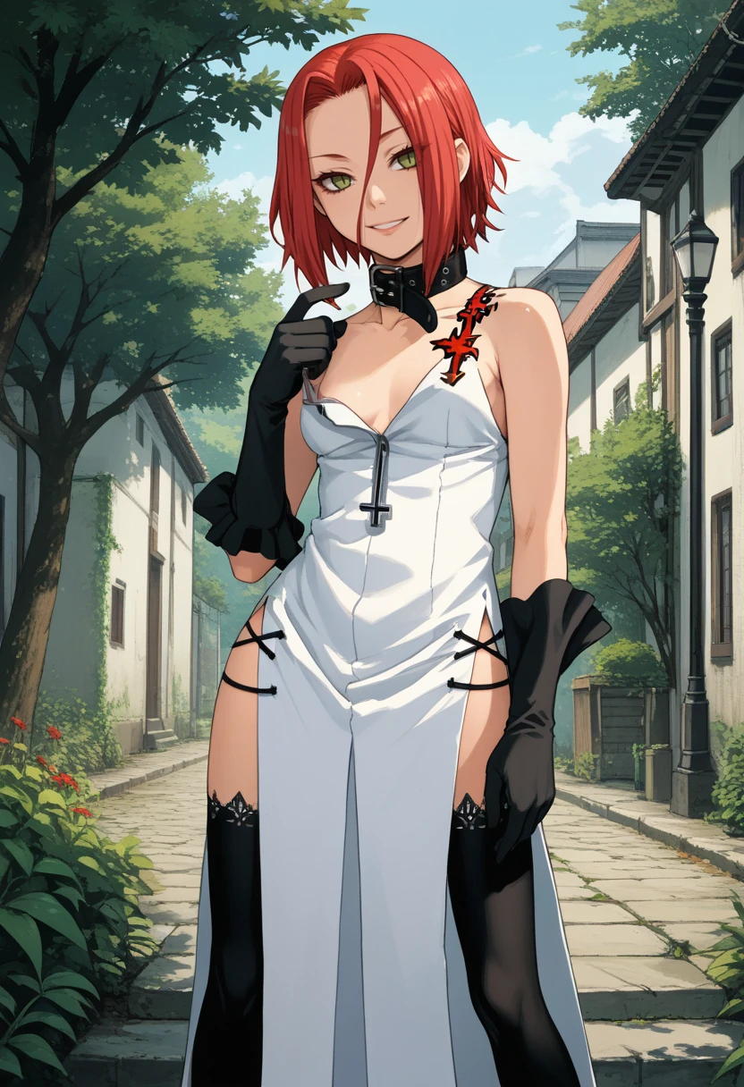 score_9, score_8_up, score_7_up, source_anime, BREAK, solo, 1girl, looking at viewer, smile, outdoors, standing, <lora:Haru-pdxl_Fp:1>, harudesu, red hair, green eyes, short hair, tattoo, collar, white dress, black gloves, thighhighs, cross, side slit,