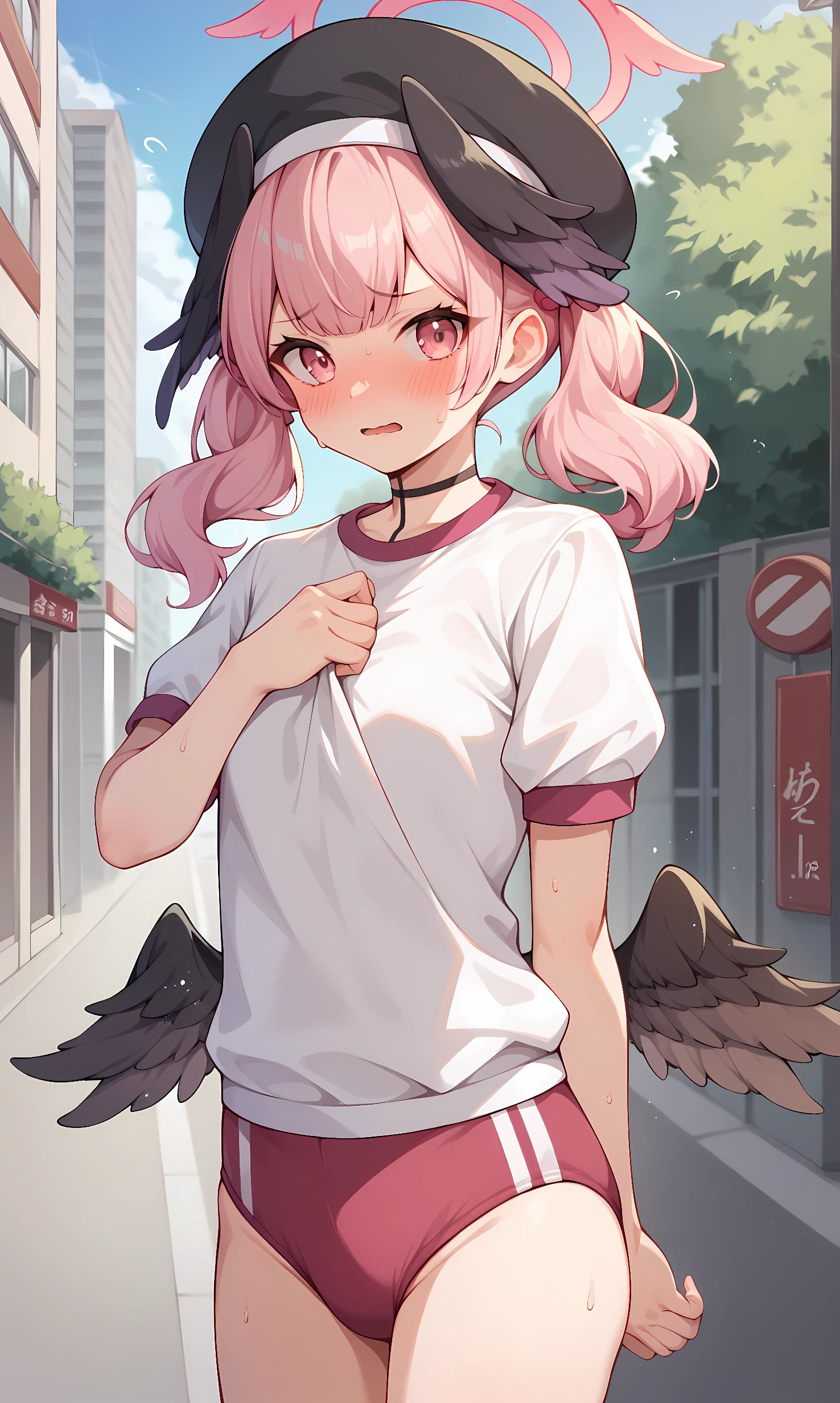 score_9, score_8_up, score_7_up, score_6_up, BREAK source_anime, 1girl, solo, outdoors, street, cowboy shot, standing, looking at viewer, koharu, pink eyes, pink hair, medium hair, low twintails, halo, mini wings, black wings, head wings, black beret, white shirt, short sleeves, gym uniform, buruma, sweat, embarrassed, blush