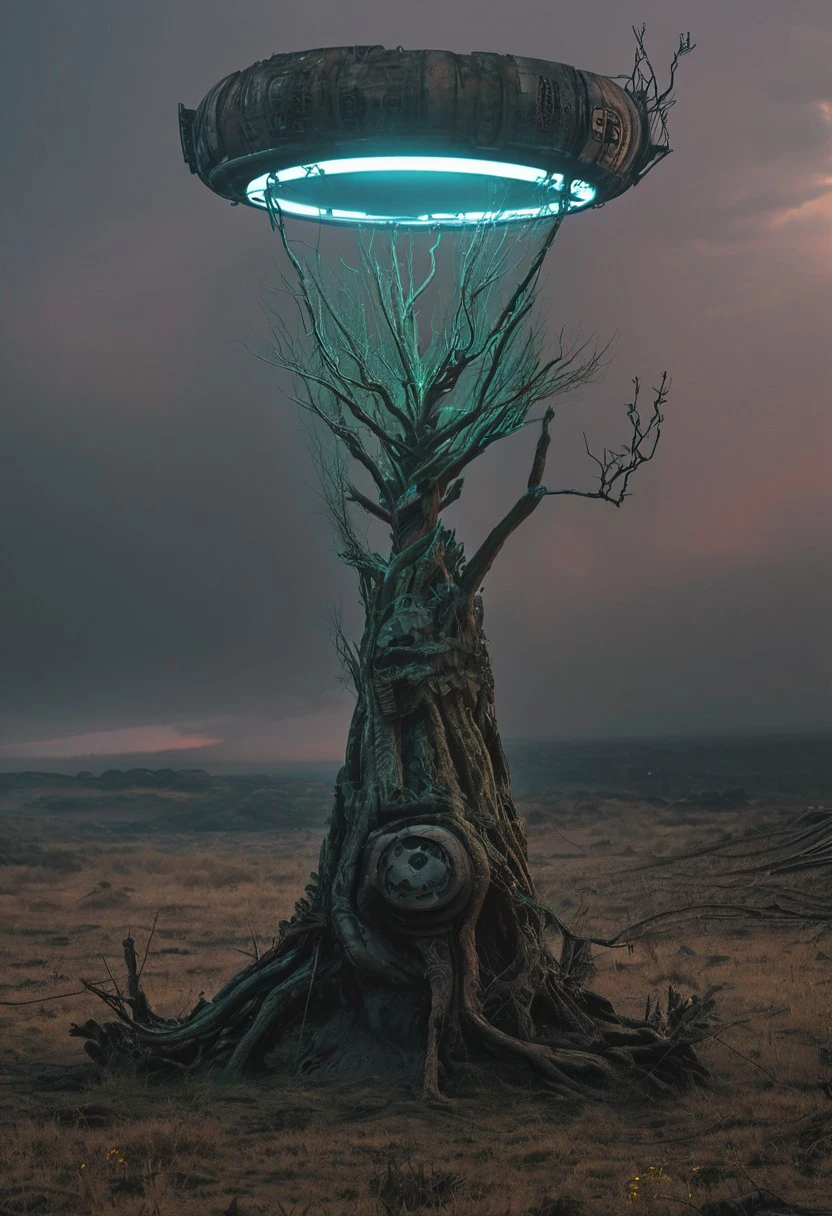 Infront of a moody atmospheric sunrise, a Rooty little tree growing in stasis-tank, in stasis Tube pod, amidst a dystopian Grey meadow