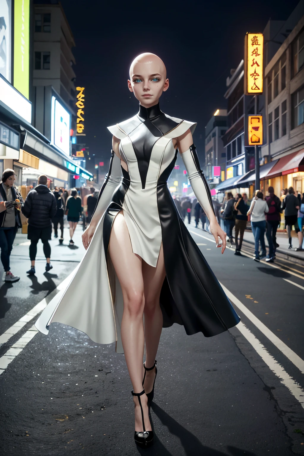 ((ultra detailed, masterpiece, absurdres))
 <lora:MKKronika:0.8>
MKKronika, 1girl, bald, simple background, looking at viewer, full-body shot of a model, trendy streetwear, bustling city street, vibrant city lights, dynamic energy