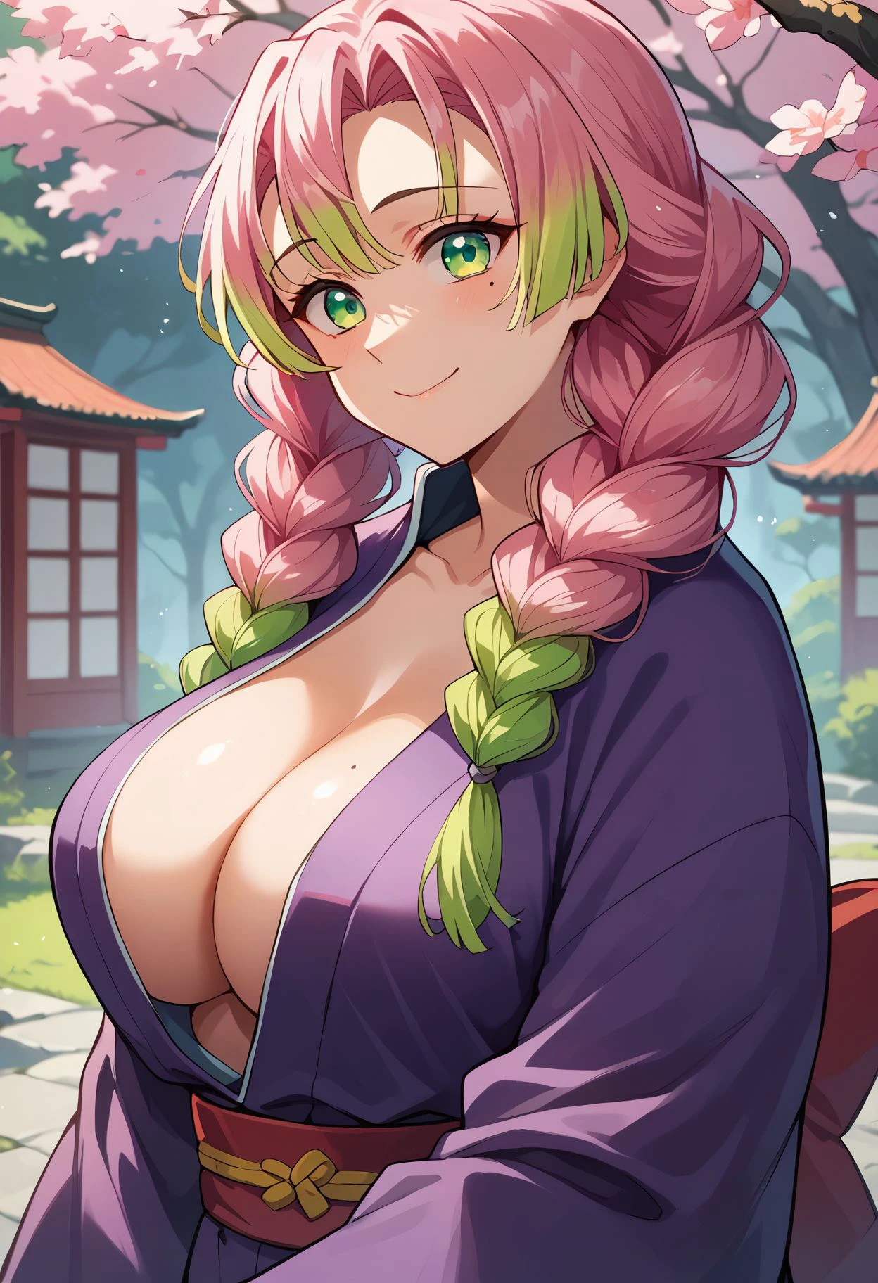 <lora:kanroji_mitsuri_pdxl_goofy:1>score_9,score_8_up,core_7_up, score_9, kanroji-mitsuri, 1girl, braid, breasts, closed mouth, gradient hair, green eyes, green hair, jacket, japanese clothes, kimono, large breasts, long hair, long sleeves, mole, mole under eye, multicolored hair, pink hair, purple kimono, red jacket, smile, solo, twin braids