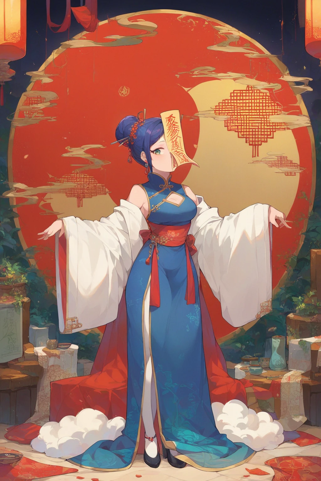 score_9, score_8_up, score_7_up, score_6_up, score_5_up, score_4_up, masterpiece, high quality, full body, 1girl,  <lora:Jiangshi_Concept:0.9> Jiang5hi, talisman, fulu_on_head, pale, chinese_clothes, ofuda