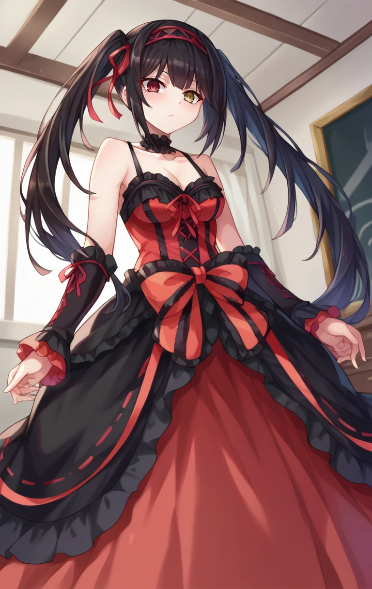 score_9,score_8_up,score_7_up BREAK <lora:tokisakikurumi:1>,tokisakikurumiSDXL,1girl,long hair,black hair,red eyes,dress,ribbon,cleavage,bare shoulders,twintails,yellow eyes,hairband,detached sleeves,collarbone,symbol-shaped pupils,heterochromia,fashion,gothic,hairband,frilled dress,tokisaki kurumi,room,room background,from below,cowboy shot,