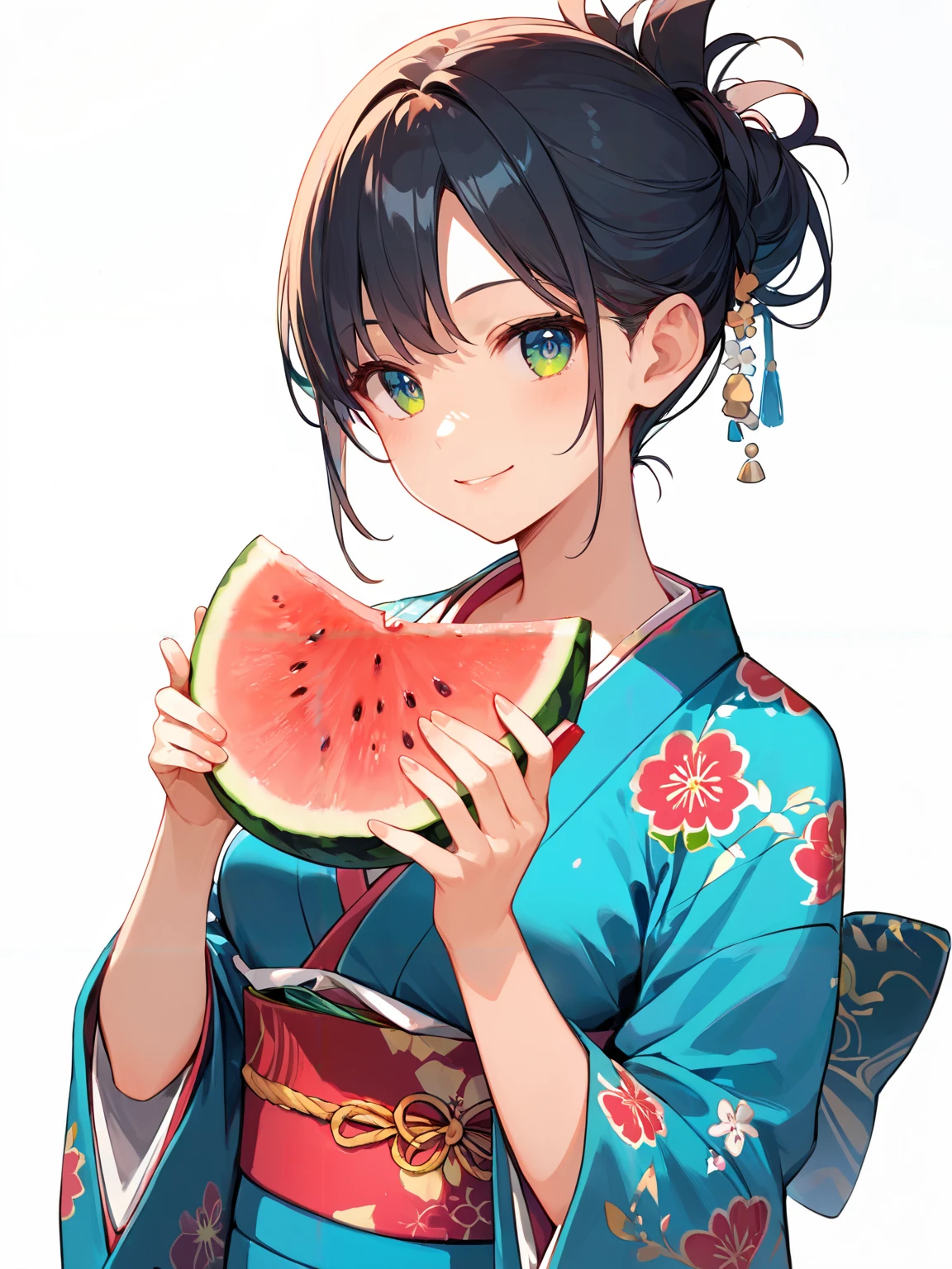 score_9, score_8_up, score_7_up,source_anime, high res image,masterpiece,best quality,woman,middle breasts,cute face,clear skin,shiny hair,ultra detailed eyes,simple background,  <lora:watermelon_pony_V1.0:0.8> watermelon, holding watermelon, smile,kimono