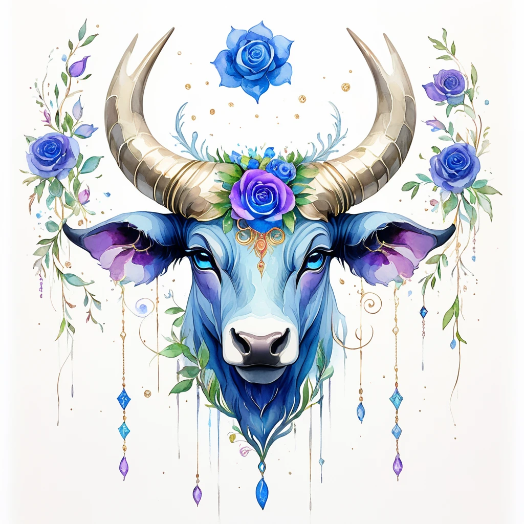 <lora:ArsMJStyle_-_SDXL:1>, ArsMJStyle, Taurus, The image shows a painting of a bull with horns and flowers on its head set against a white background. The bull is surrounded by a variety of colorful flowers giving the painting a vibrant and lively feel., no humans, horns, purple flower, flower, painting (medium), blue flower, purple rose, rose, blue eyes, traditional media, gem, watercolor (medium), blue rose, jewelry, solo, looking at viewer, blue gemstone