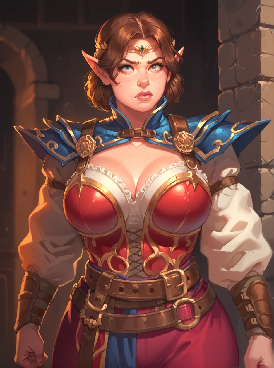 score_9, score_8_up, score_7_up, masterpiece,    <lora:HKHorrorXL:1> <lora:sn0wStyle:1> elf, armor, circlet, freckles, belt,  pauldrons,  large breast, huge ass, hyper hips, thick, mature, pointy nose, fist, dark dungeon<lora:Aestri_Yazar_-_Dead_by_Daylight_X_Dungeon__Dragons-000014:0.8>