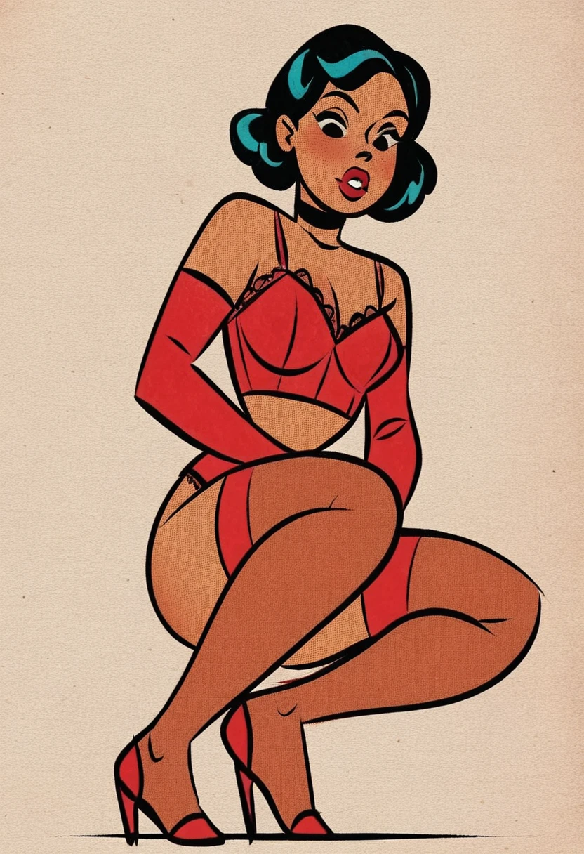 score_9, score_8_up, score_7_up, score_6_up, <lora:Vintage_Pal_PDXL:0.8> vintagepalxl, ink and paper, pin-up, vintage, small breasts, cutte lady, dark skin, lingerie, stockings, elbow gloves, choker, looking down, from below, squatting, short hair, black hair,