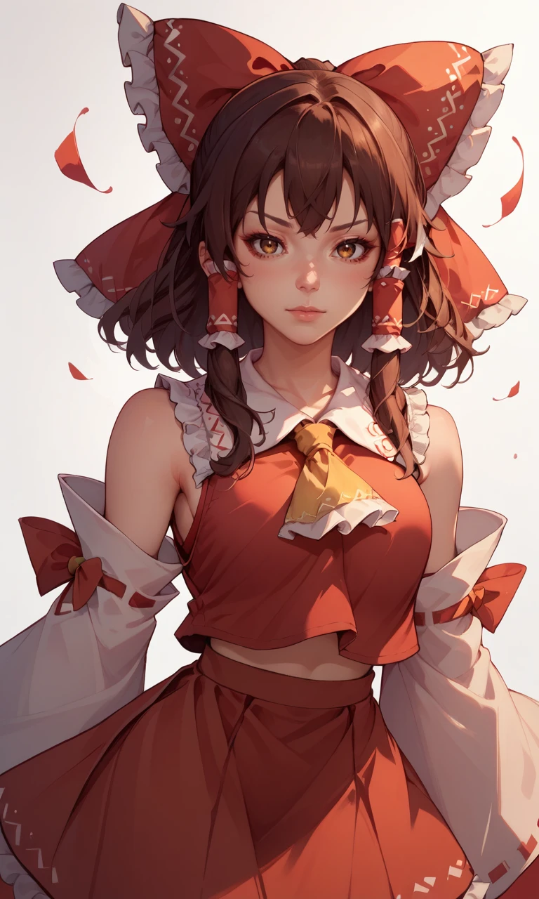 score_9, score_8_up, score_8, score_9, 1 girl, source_anime, 1 girl, hakurei reimu, brown hair, brown eyes, hair tubes, ascot, detached sleeves, ribbon trim, red skirt, red shirt, red hair bow, <lora:reimu_hakurei_pony-10:0.8>, <lora:mfcgXL:0.8>