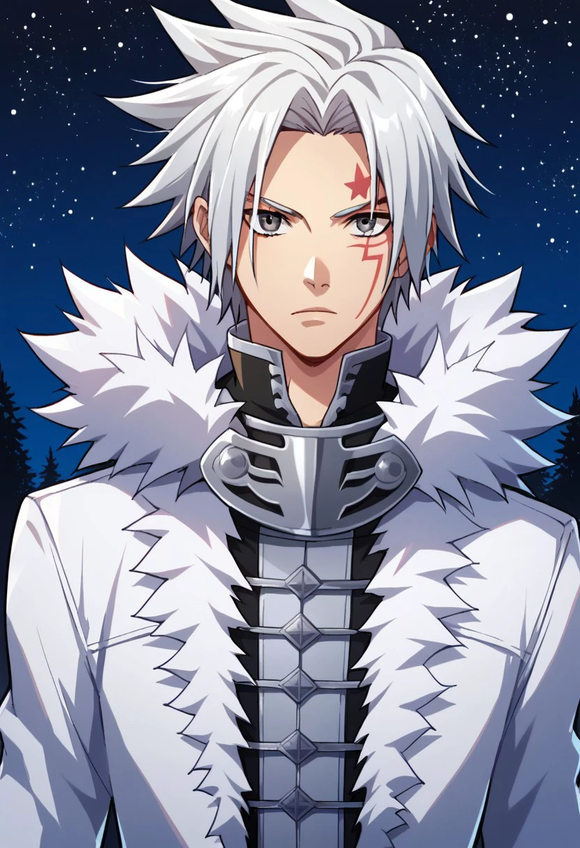 score_9, score_8_up, score_7_up, source_anime, highly detailed, 
allenwalker, solo, 1boy, male focus, grey eyes, white hair, spiked hair, fur trim, crown clown uniform, mask, mask around neck, upper body, slender, skinny, serious, facial mark, claw,
outdoor, darkness, trees, stars, night,