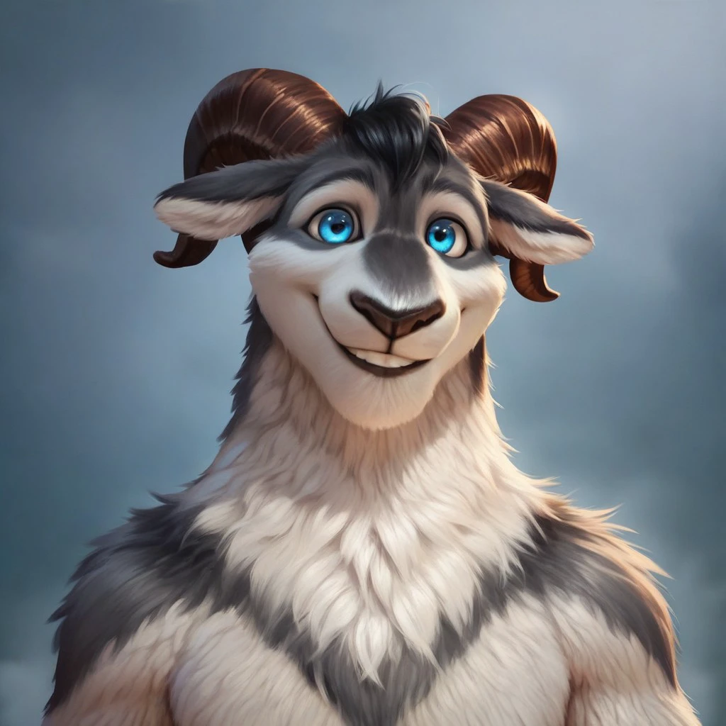 score_9, score_8_up, score_7_up, score_6_up, score_5_up, score_4_up, realistic, detailed face, detailed eyes, detailed fur, furry Male ((photorealistic, solo)) BREAK
Grey, Grey /Sheep & Wolves/, Sheep, Ram, Long wavy fur, two finger hands, hoof feet, hoof fingers, black lip, black hair, blue eyes, brown horns, floppy ears, furry ears, brown nose, white fur, white wool, grey markings, muscular neck, thick neck, headshot, smiling